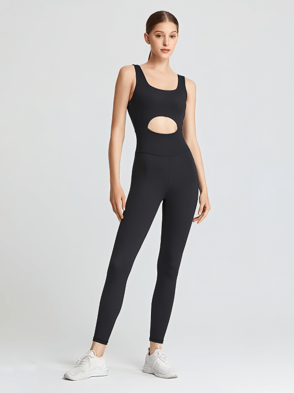 Breathable quick dry women's black yoga jumpsuit with V-back, sleeveless design, and elastic fit for optimal stretching and mobility.